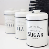 Conjunto de Latas Herméticas Porta Condimentos em Metal Branco Sugar Coffee Tea - 3 Peças - Ela Decora